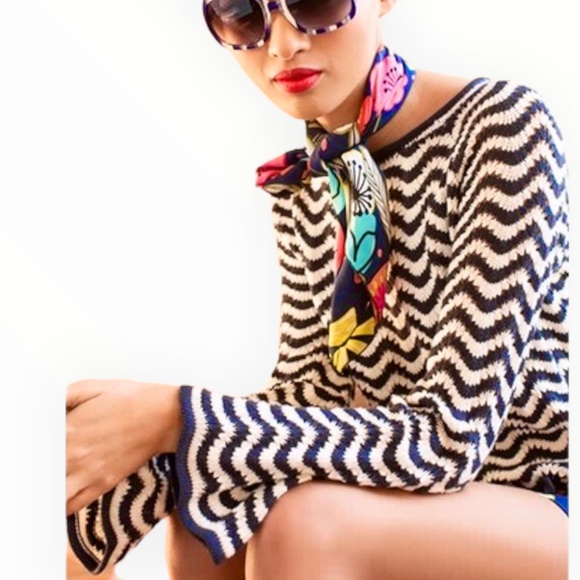 Trina Turk Sweaters - Black Chevron Stripe Sweater Pom Pom Drawstring  Bell Sleeve Trina Turk Solana